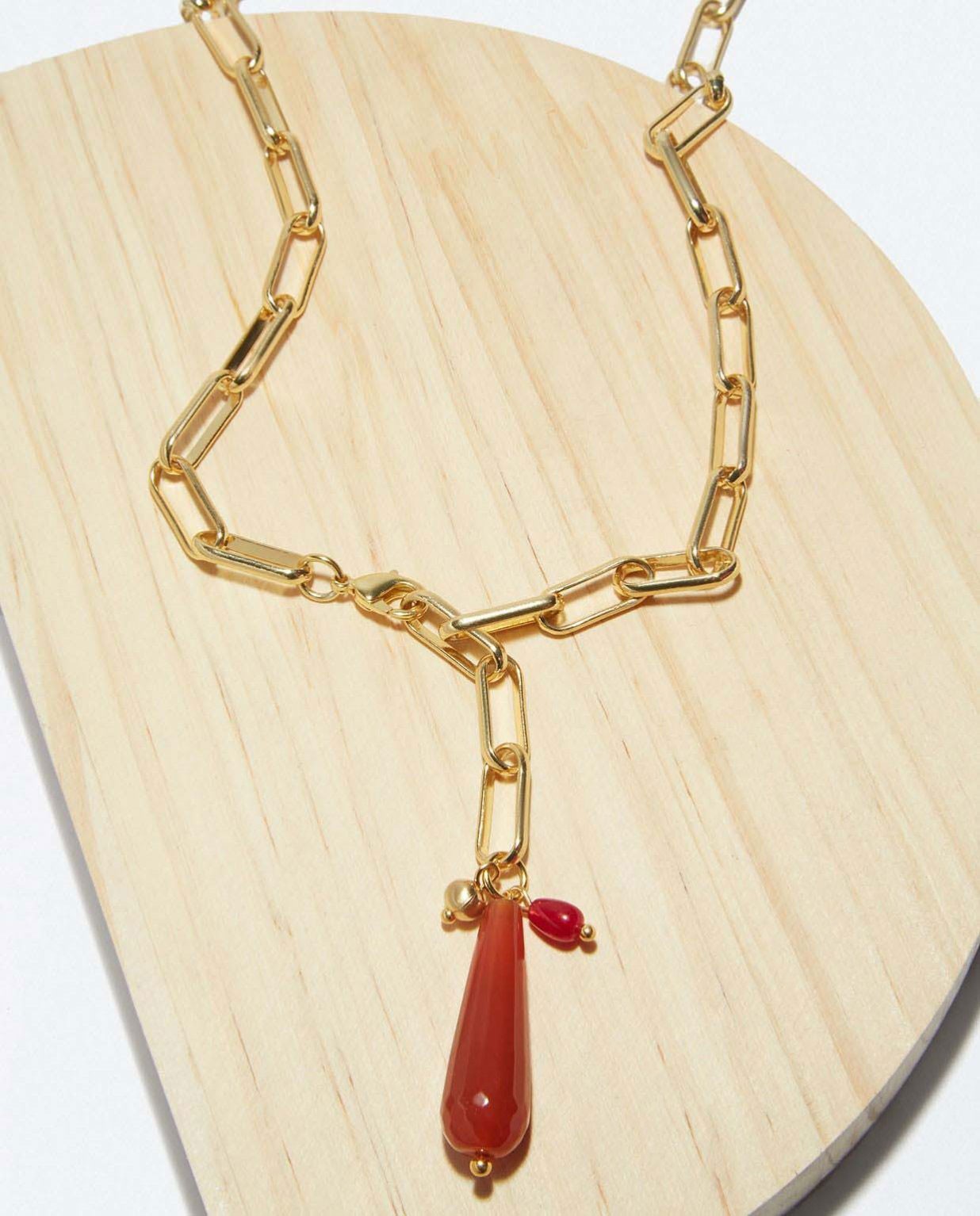 Necklace with natural stone teardrop Red