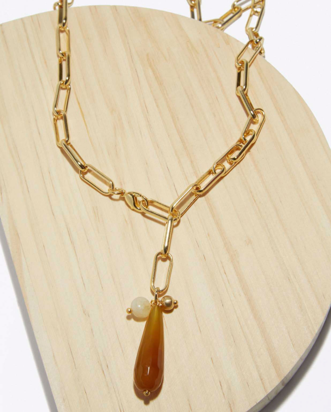 Necklace with natural stone teardrop Brown