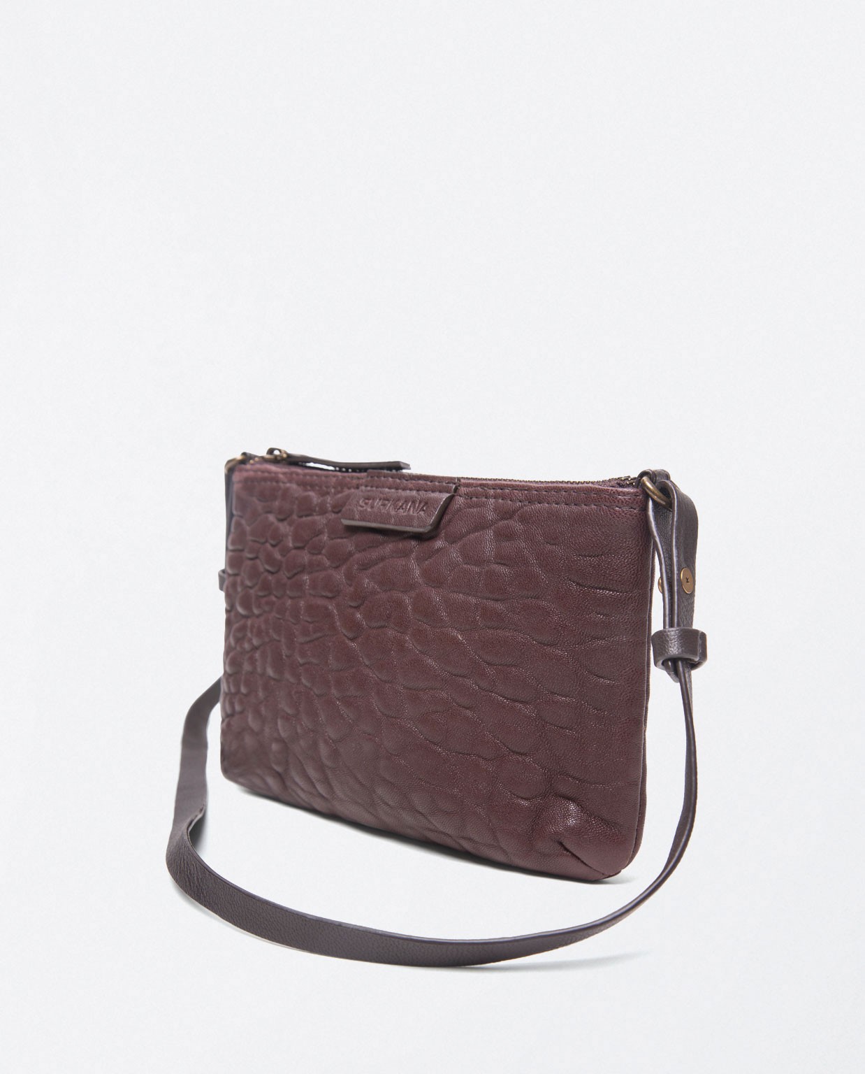 Smooth embossed leather flat shoulder bag Brown