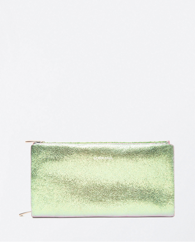 Long wallet with metallic zip Green