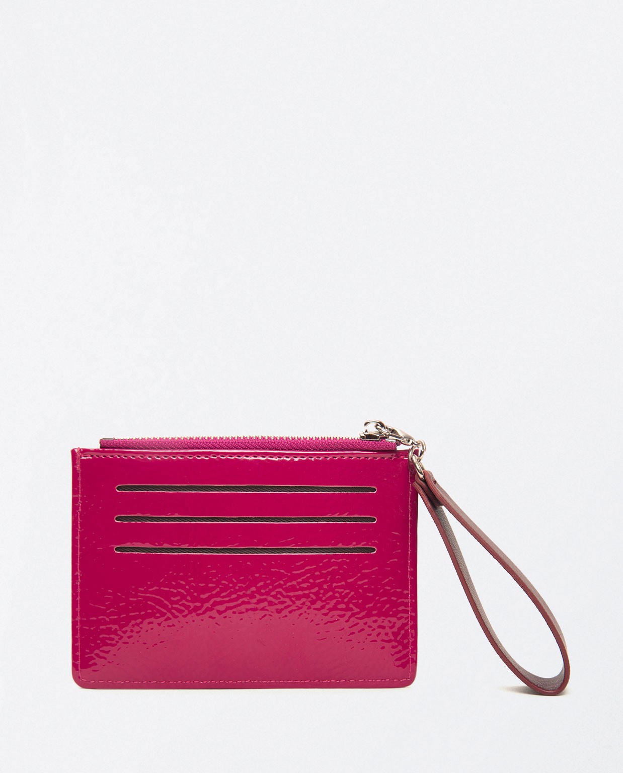 Small patent leather card holder with zip Fuchsia