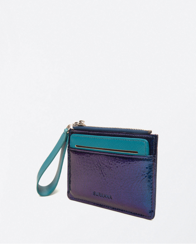 Small patent leather card holder with zip Blue
