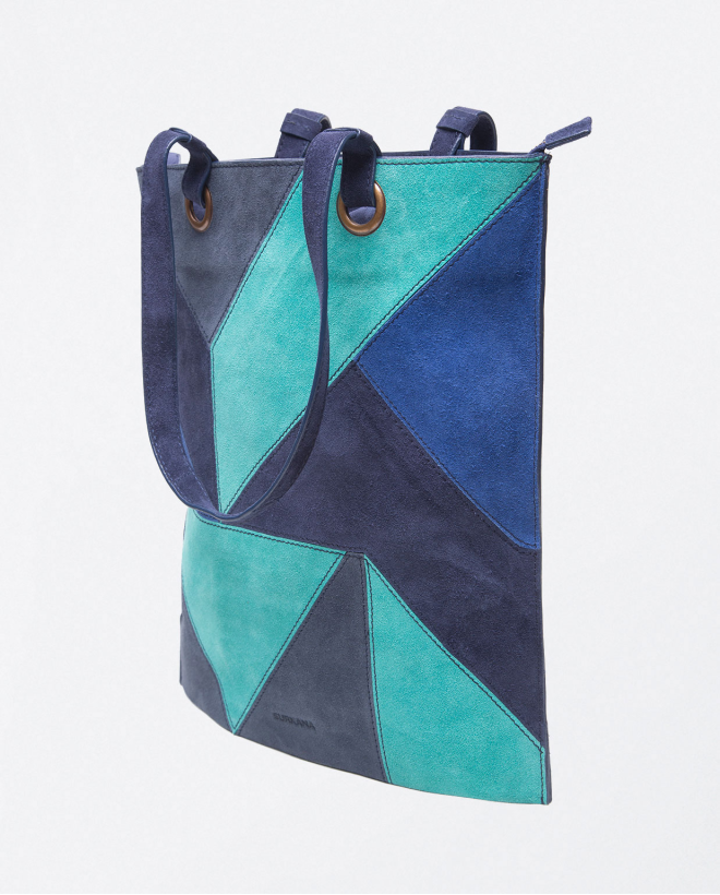 Geometric print leather flat shopper bag Blue