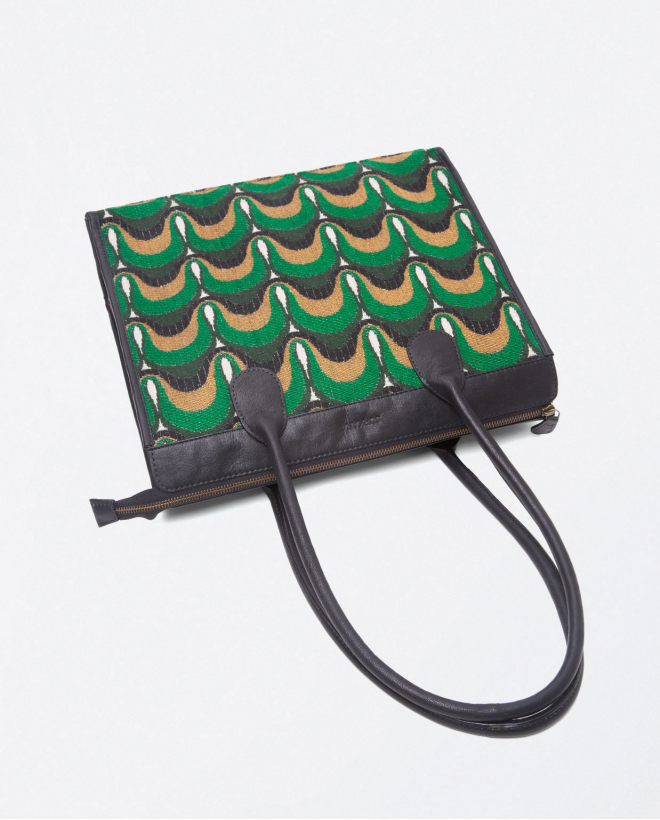 Leather and jacquard shopper with green waves Green