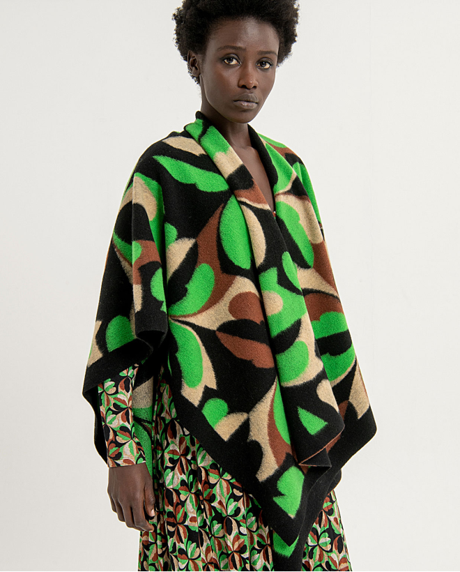 Floral print wool open poncho Green