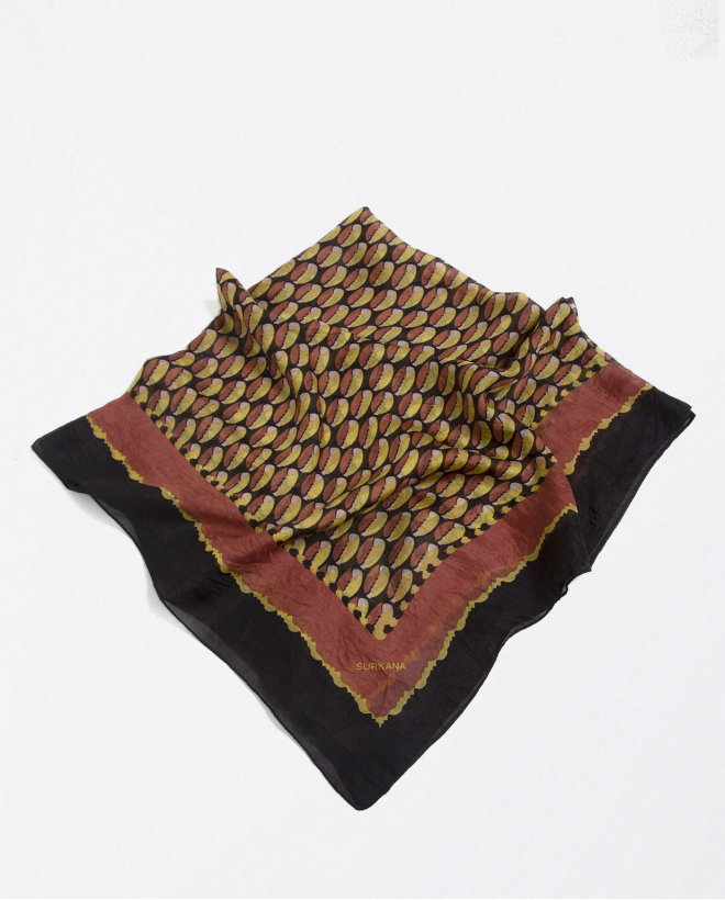 Silk scarf silk border print Brown