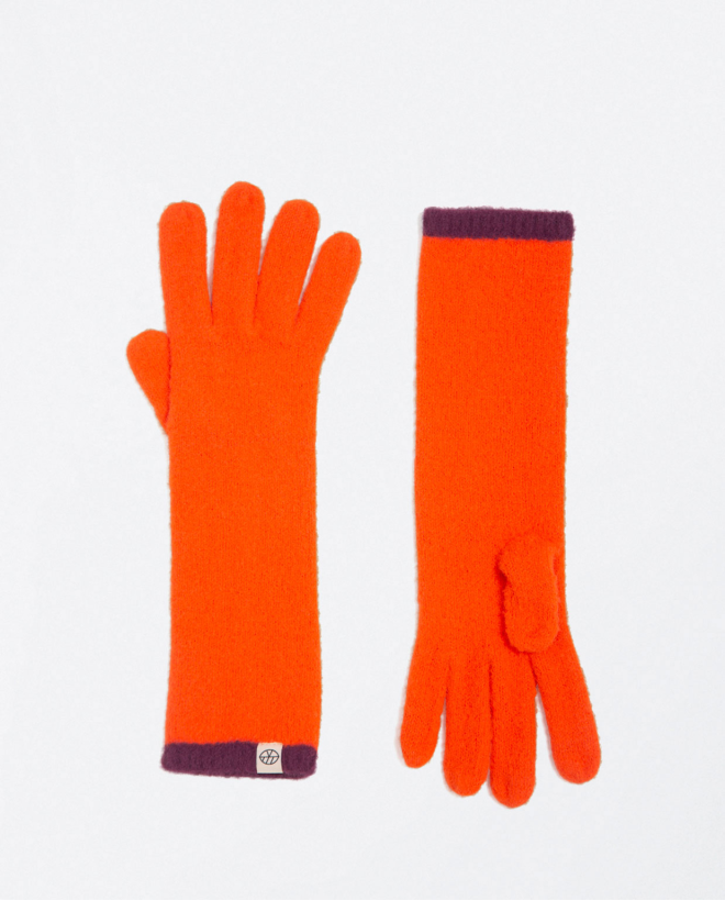 Gants longs en tricot côtelé bicolore Moufles en t Orange