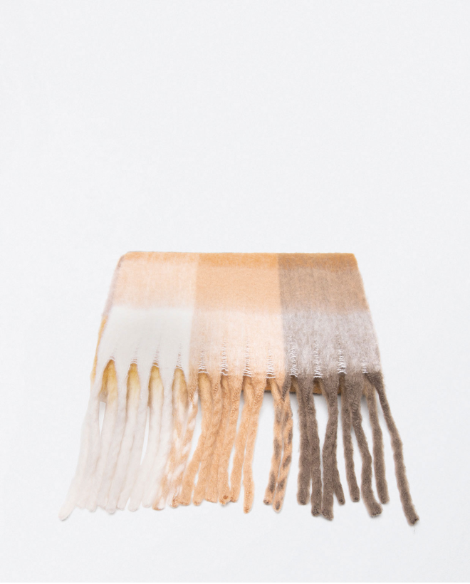 Thick scarf with fringes and check print Beige