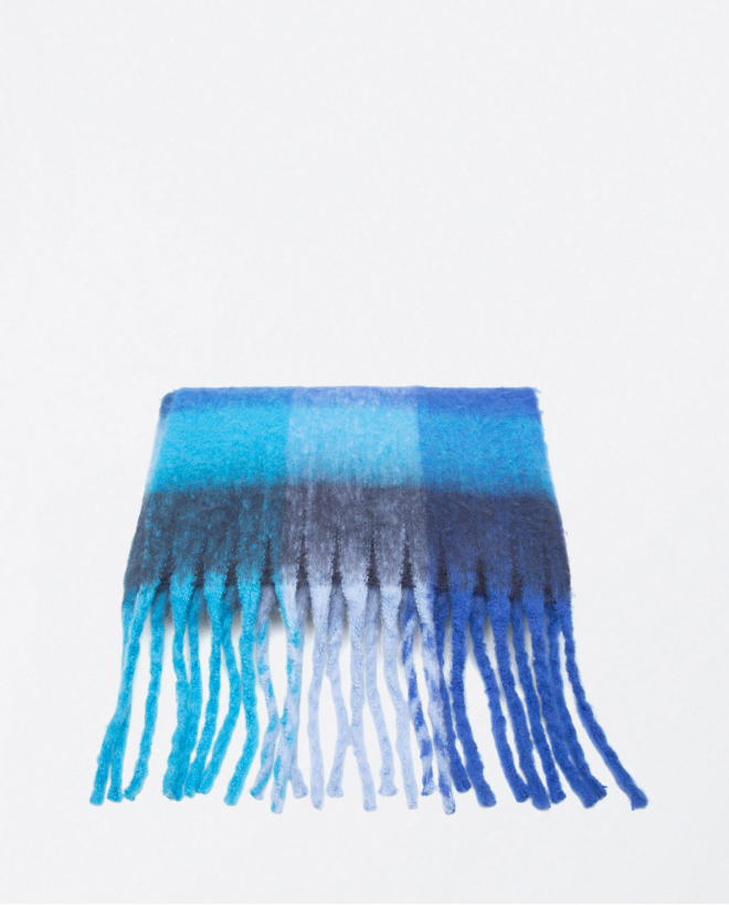 Thick scarf with fringes and check print Blue
