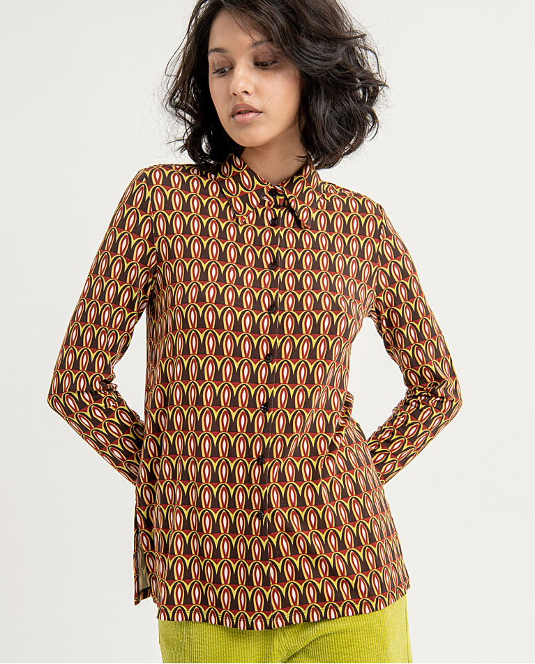 Stretch printed wide shirt Brown