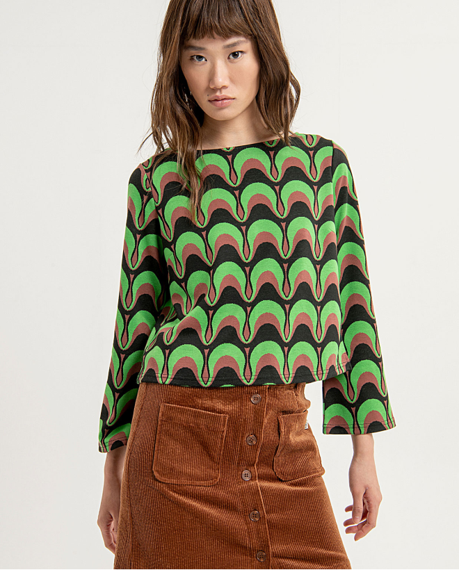 Stretch printed bell sleeve t-shirt Green