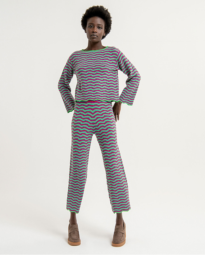 Wide ankle length striped knitted trousers Multi