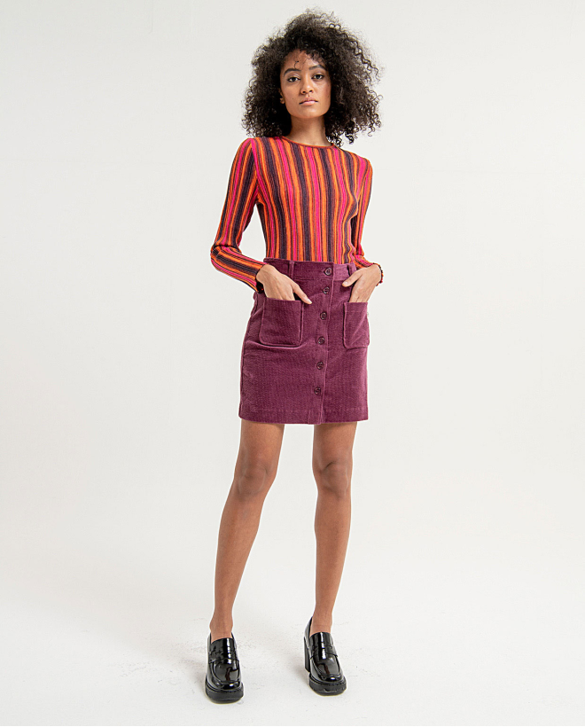 Plain corduroy mini skirt with buttons Purple