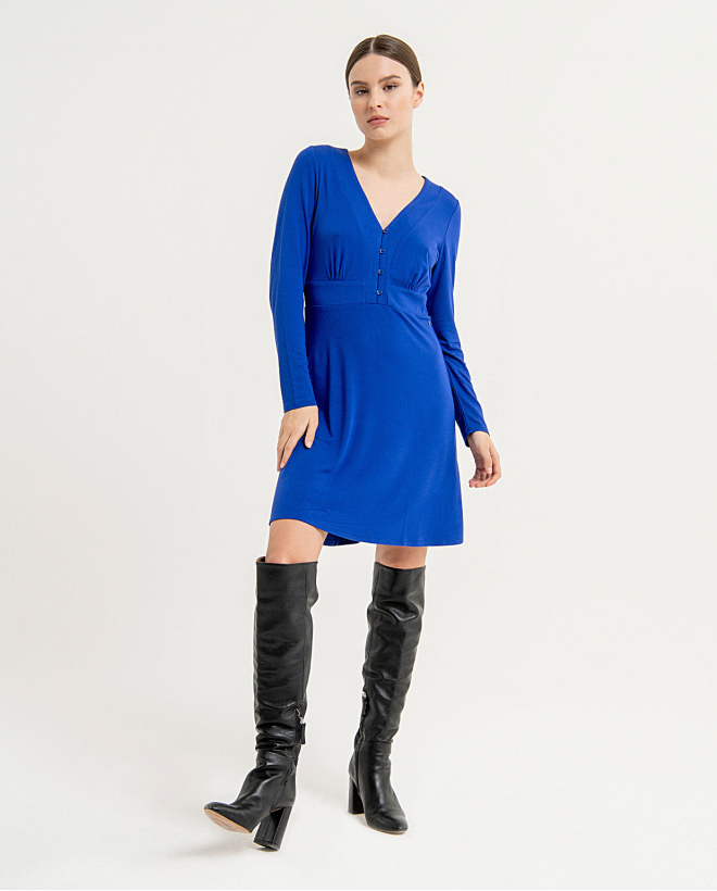 Smooth short dress with gathered V-neckline Blue