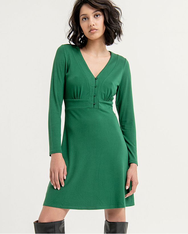 Vestido corto de cuello en V fruncido liso Verde