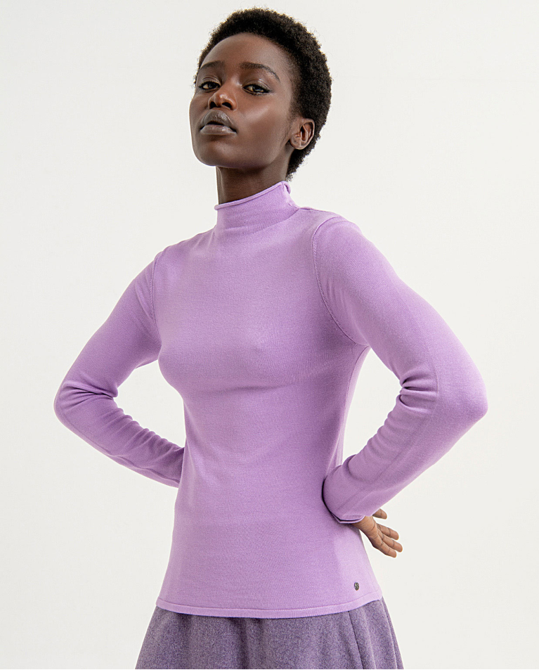 Plain ribbed knitted pullover with Perkins collar Lilac