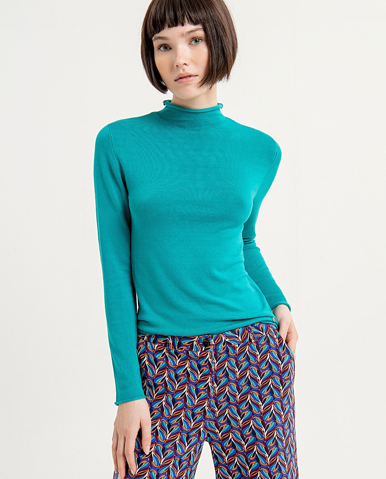 Plain ribbed knitted pullover with Perkins collar Turquoise