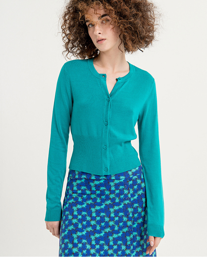 Short knitted cardigan with plain round collar Turquoise