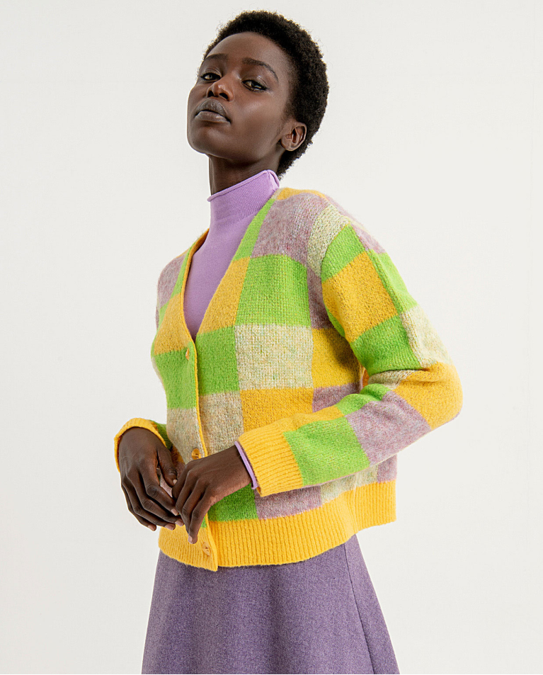 Wide jacquard cardigan with checked V neckline Yellow
