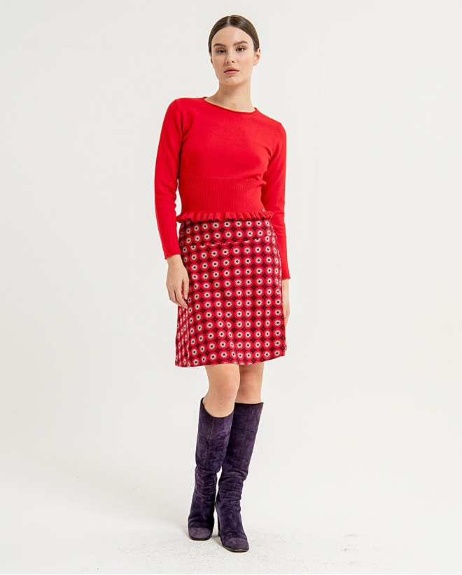 Elasticated and printed short flared skirt Red