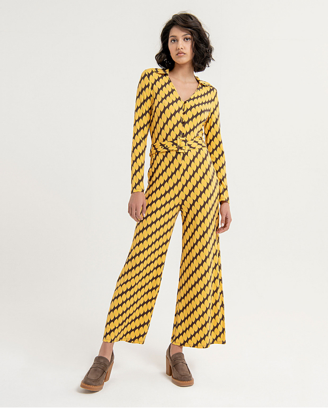 Printed V-neck jumpsuit with lapels Brown