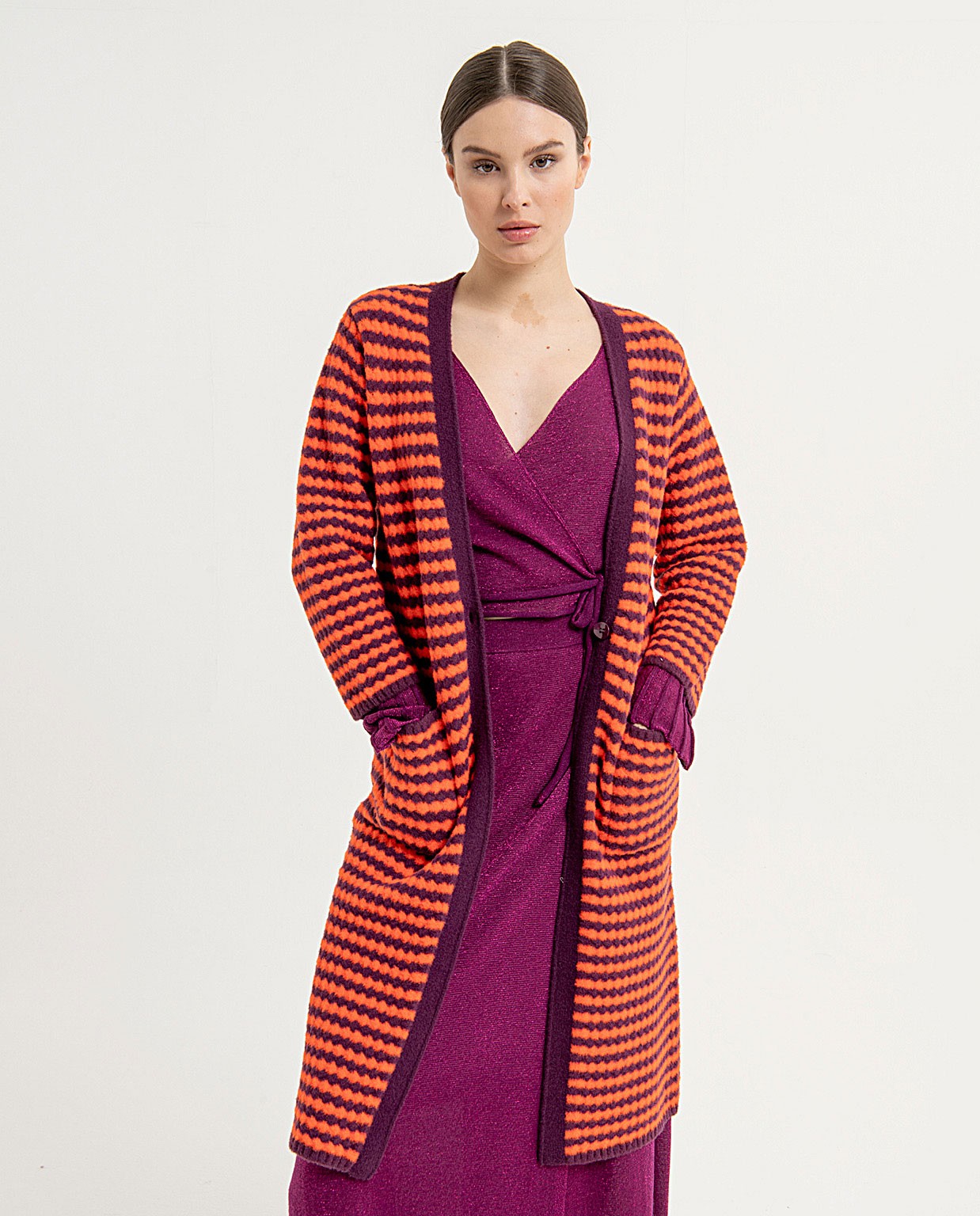 Striped printed open knitted cardigan Orange