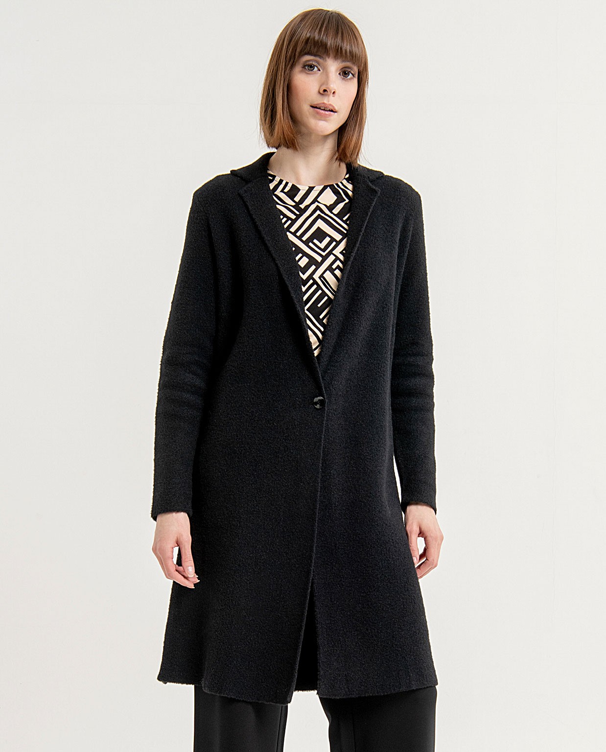 Plain knitted coat with lapel collar Black