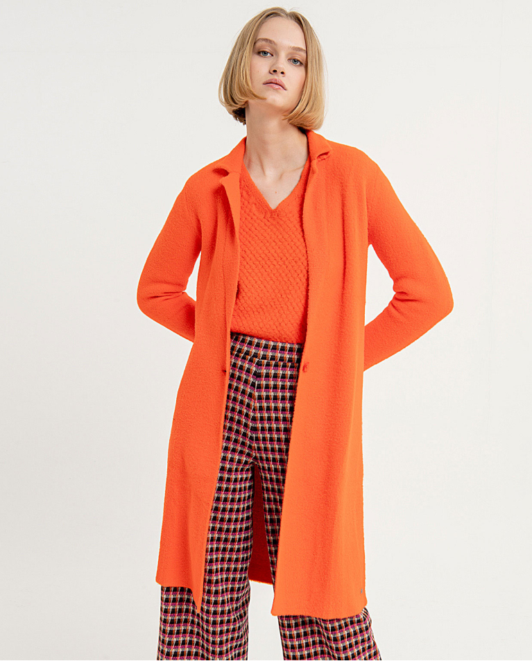 Plain knitted coat with lapel collar Orange