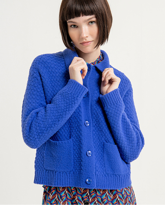 Knitted jacket with shirt collar and pockets Cobalt Blue