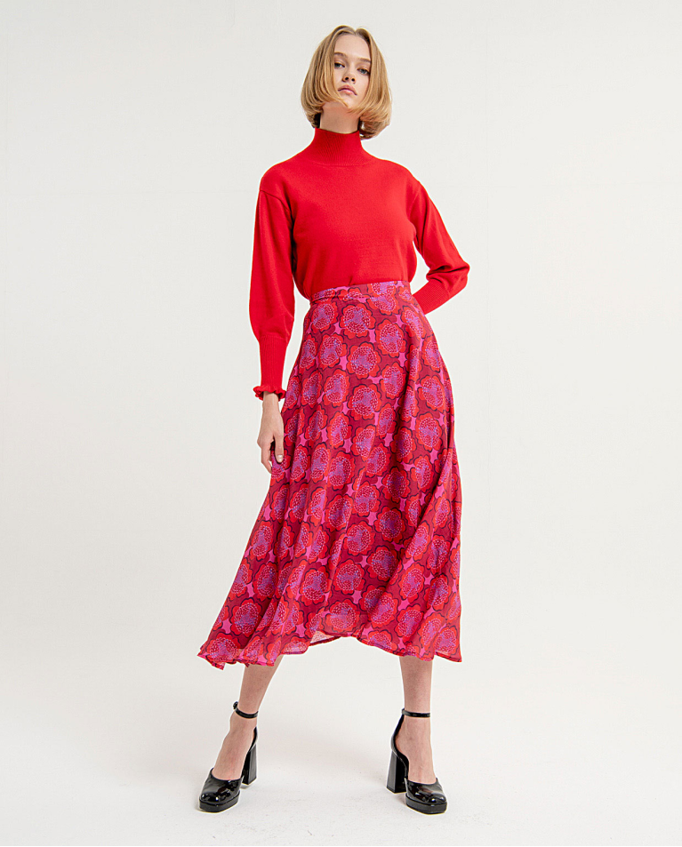 Printed long floaty skirt Red