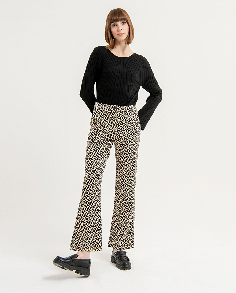 Stretch and printed long flare trousers Black