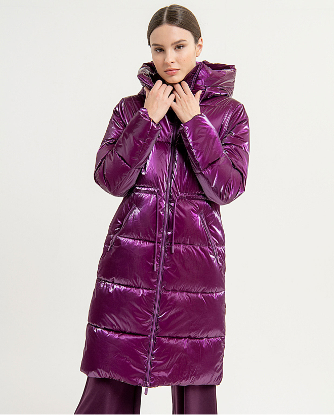 Shiny midi down jacket with hood and collar Purple