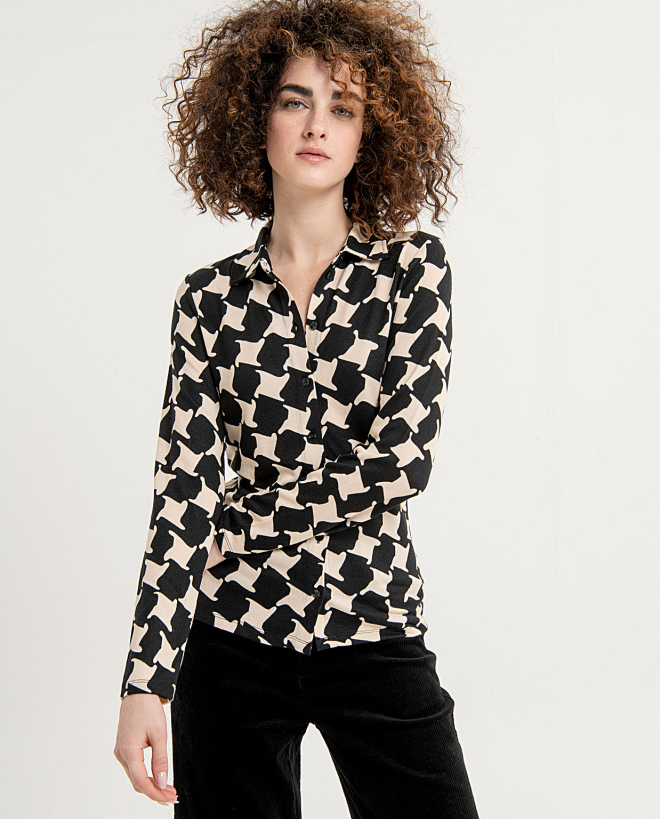 Stretch printed fitted elasticated shirt Black