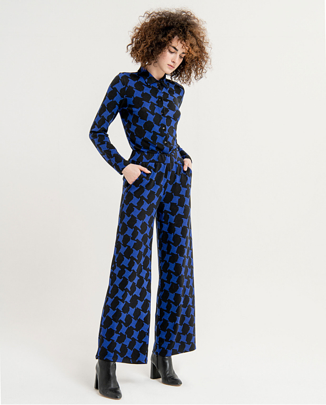 Stretch and printed wide long trousers Blue