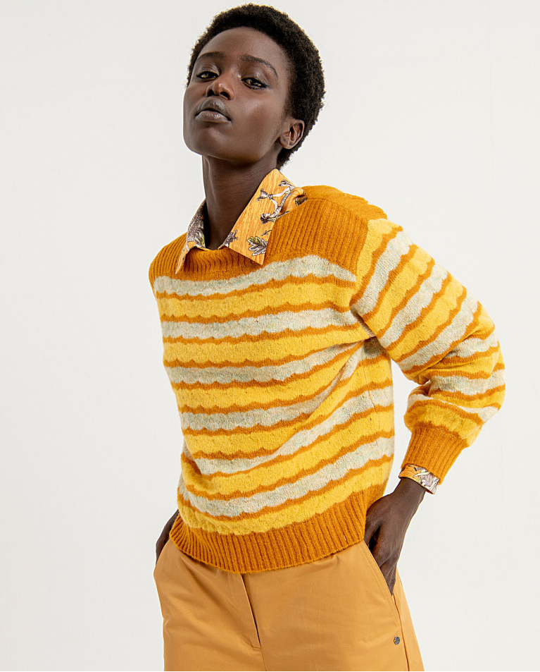 Short knitted jumper with striped boatneck Yellow