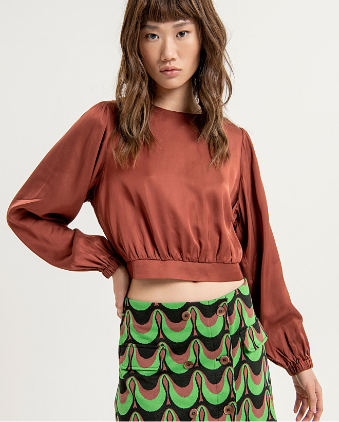 Short blouse with plain puffed sleeves Brown