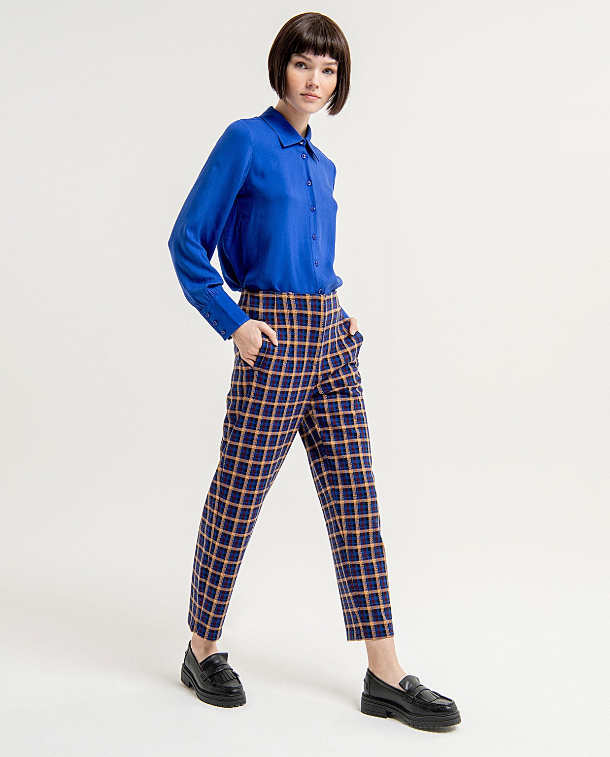 Stretch and patterned ankle trousers with darts Blue