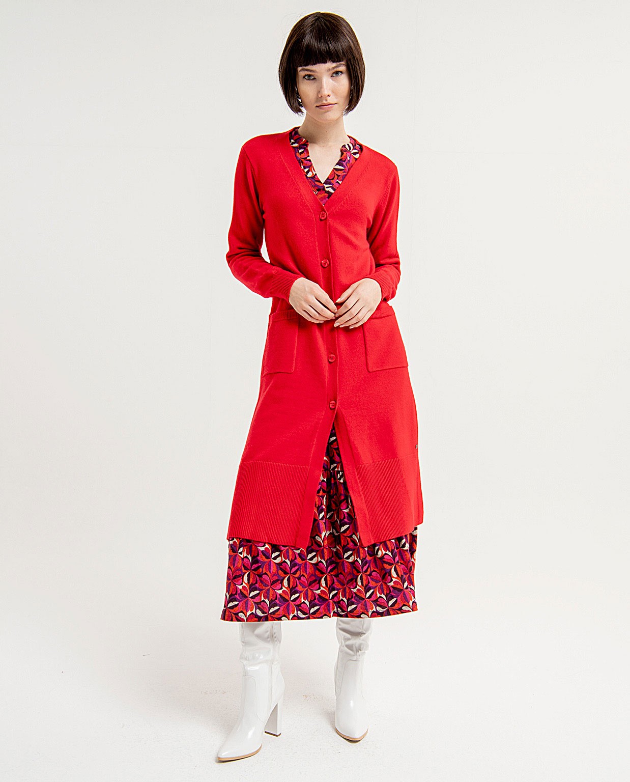 Midi cardigan with plain pockets Red