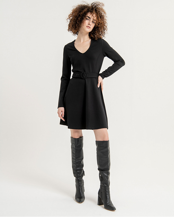 Short flared dress with plain belt Black