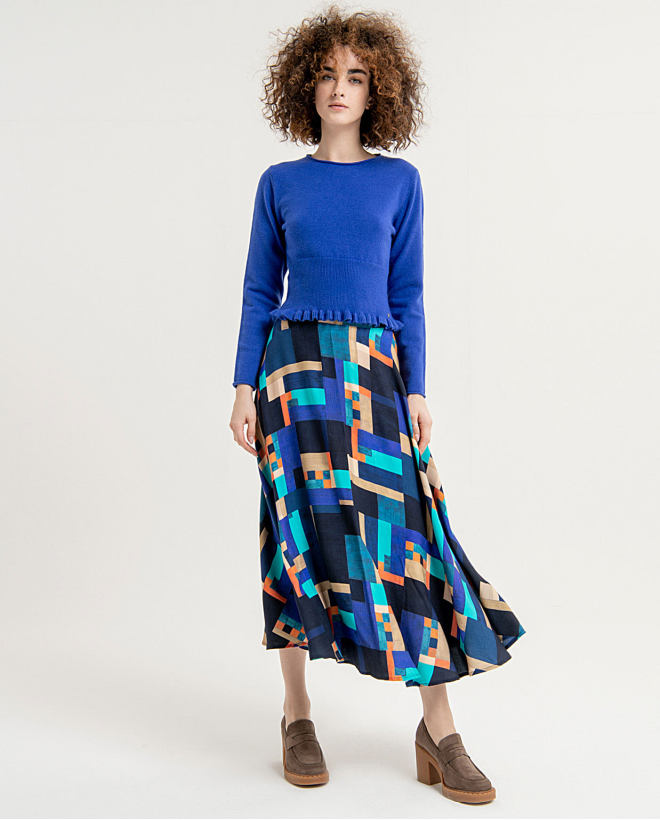 Printed long skirt with flounce Blue