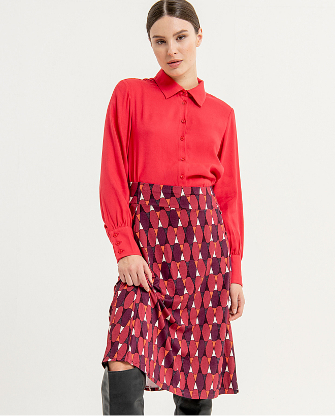 Falda midi con corte lateral estampada Rojo