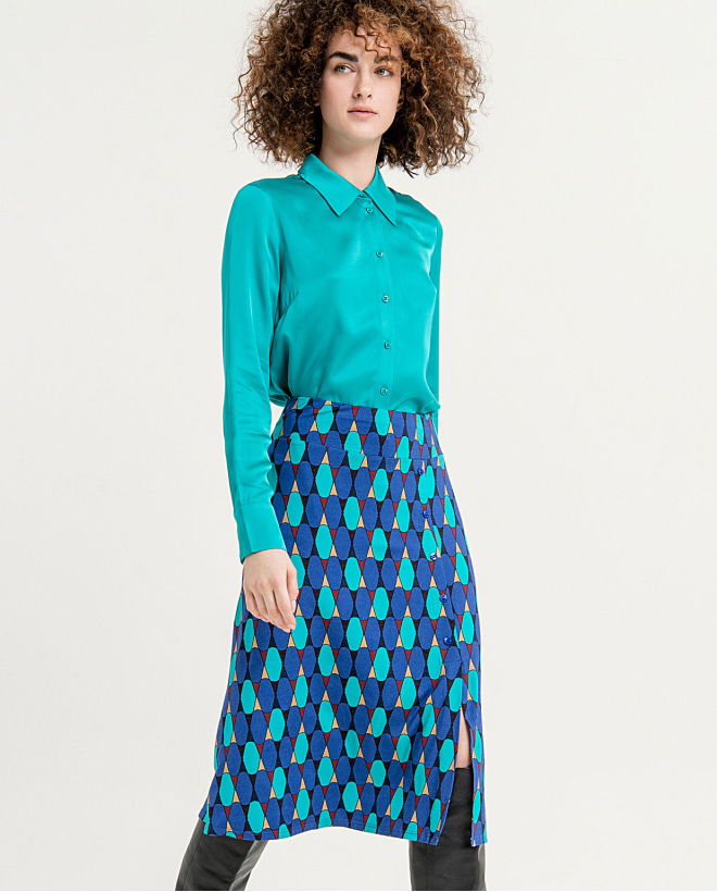 Falda midi con corte lateral estampada Azul