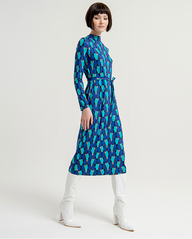 Printed straight midi dress with high collar Blue