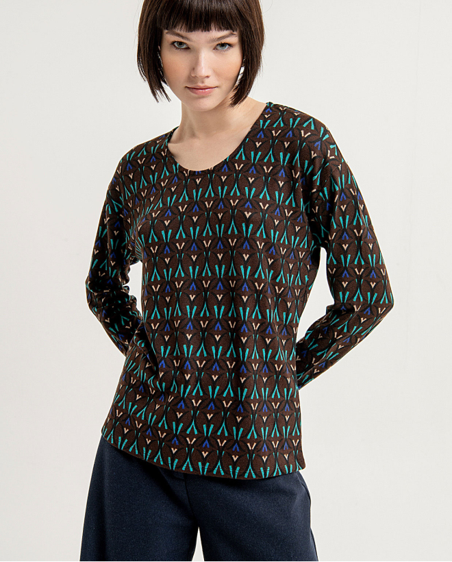 Stretch printed crew neck wide t-shirt Brown