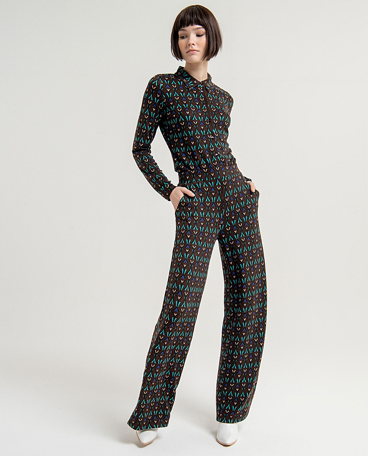Stretch printed wide wide trousers Brown