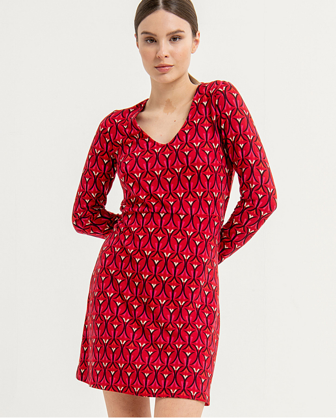 Printed elasticated V-neck short dress Red