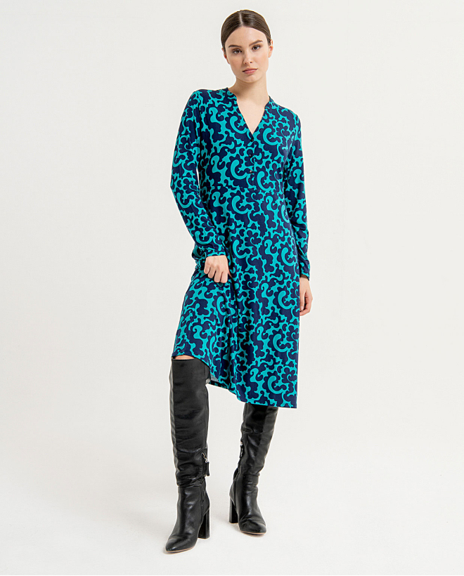 Printed midi dress with V-neck and buttons Blue