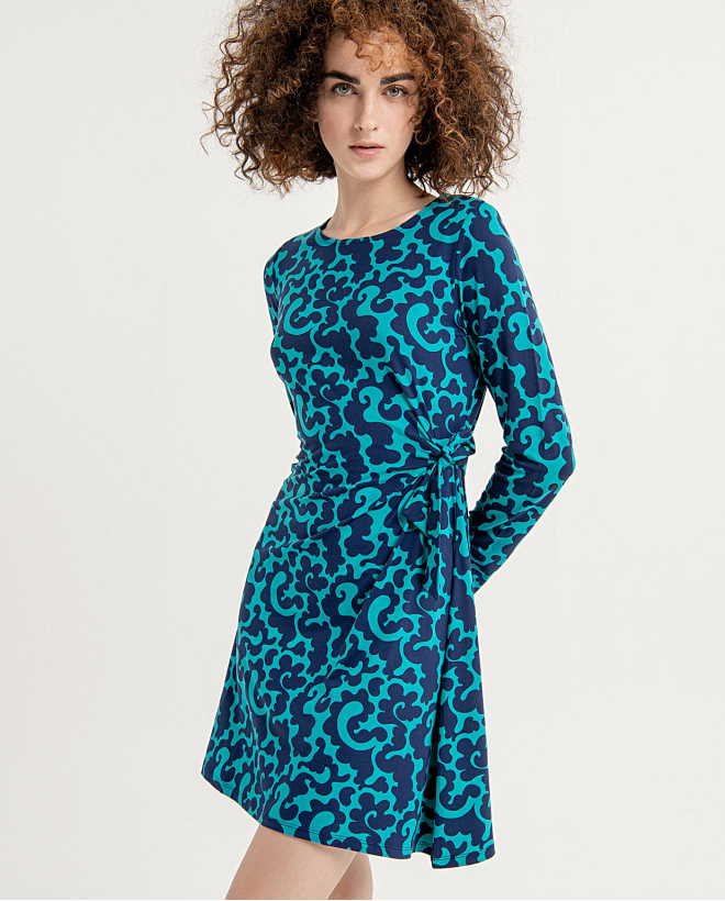 Printed short dress with side pleats Blue