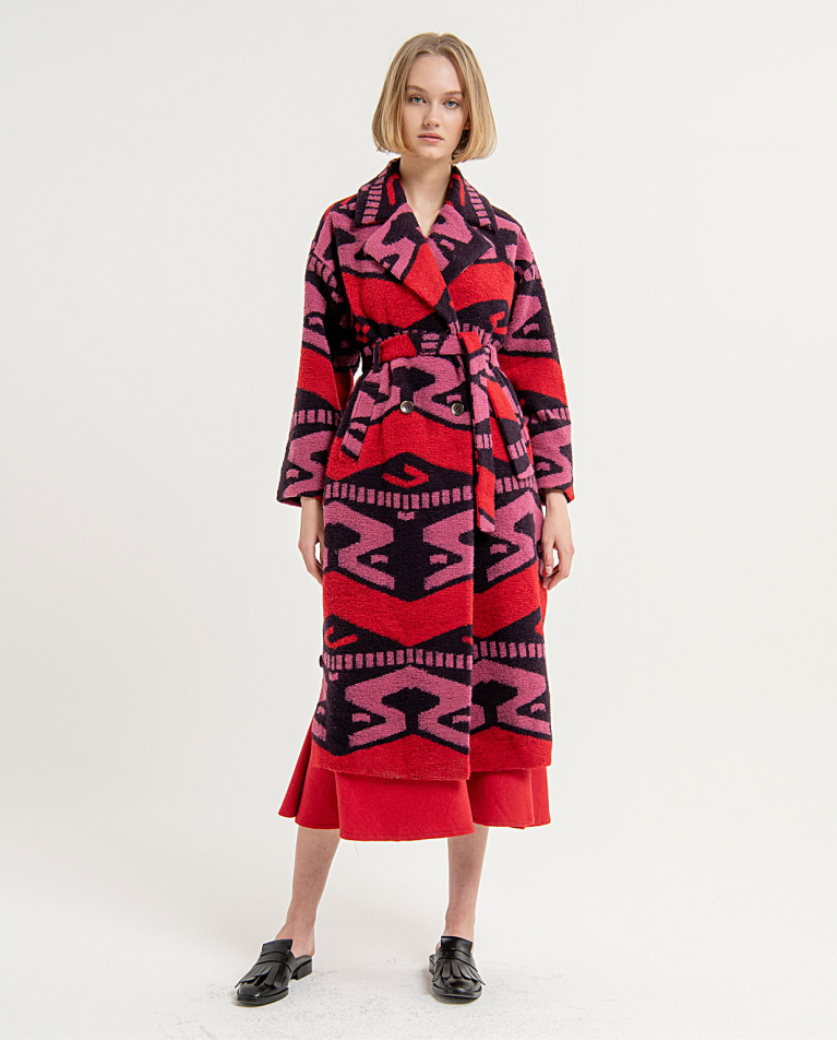 Printed wide long coat with printed lapels Red