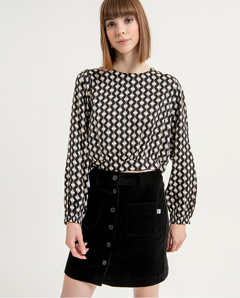 Printed short blouse with puffed sleeves Black